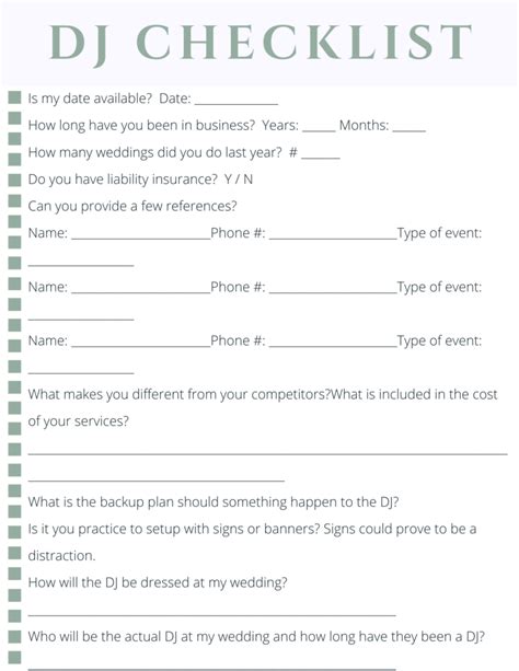 Printable Wedding Dj Checklist Template